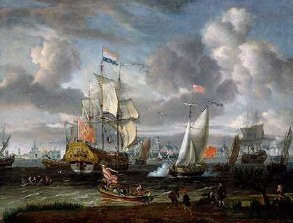 一艘英国游艇在鹿特丹港向一名荷兰军人致敬`An English Yacht saluting a Dutch Man~of~War in the port of Rotterdam by Abraham Storck