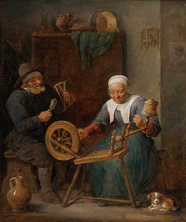 一对老年夫妇在室内纺羊毛`An Elderly Couple Spinning Wool in An Interior by David Teniers The Younger