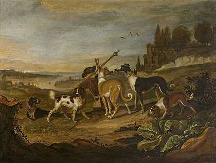 枪杀风景`Gundogs against landscape (1732) by Adriaen Cornelisz Beeldemaker