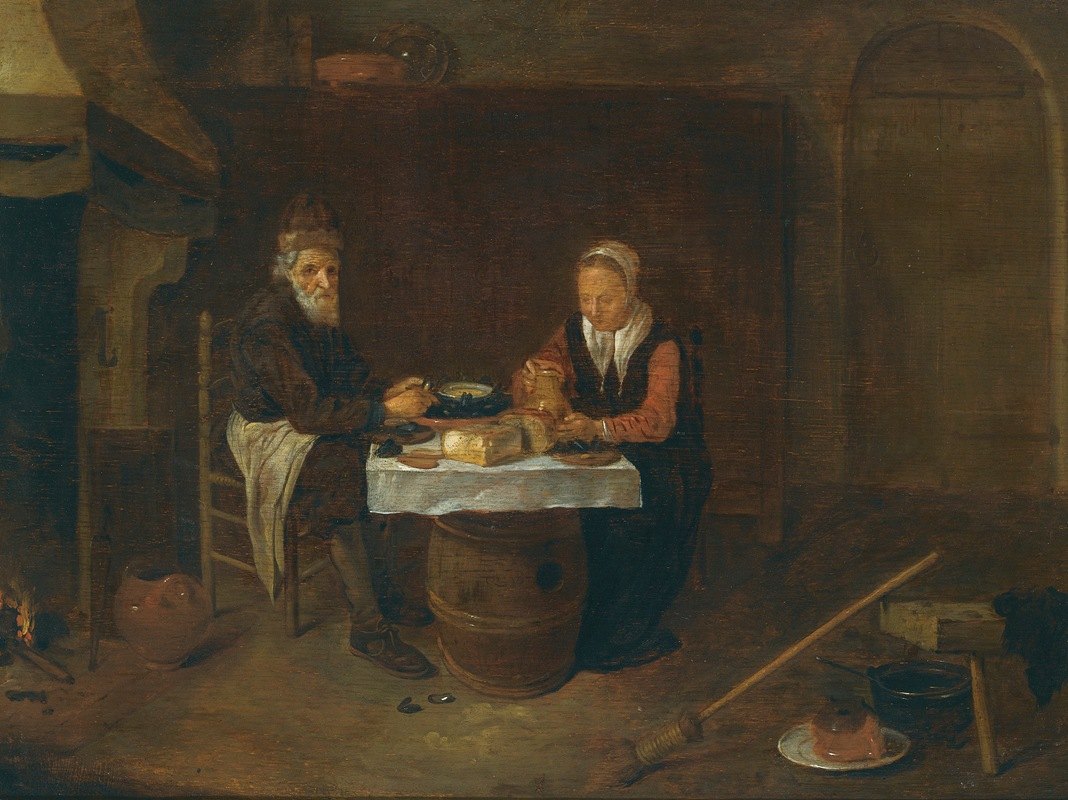 ~A Modest Interior With An Elderly Couple Seated At a Table, Eating Mussels And Bread-