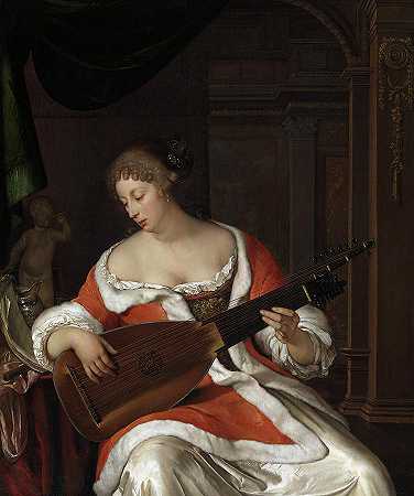 在室内弹奏琵琶的女士`Lady Playing a Lute in an Interior by Eglon van der Neer