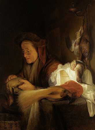 拔鸭子的女人`Woman Plucking a Duck by School of Rembrandt van Rijn