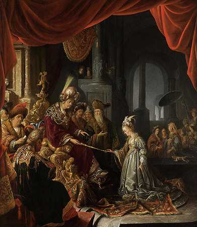 以斯帖在亚哈随鲁前`Esther before Ahasuerus by Jan Adriaensz van Staveren