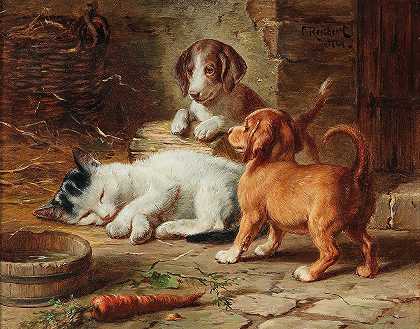 小狗们醒了`The Puppies Are Awake (1884) by Carl Reichert