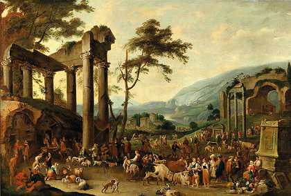 意大利式的风景和市场景象`An italianate landscape with a market scene (1664) by Peeter van Bredael