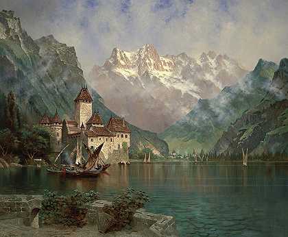日内瓦湖齐伦城堡`Castle of Chillon, Lake Geneva by Edwin Deakin