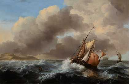 在波涛汹涌的大海中的近海渔船`Fishing Vessels Offshore in a Heavy Sea (1684) by Follower of Ludolf Backhuysen