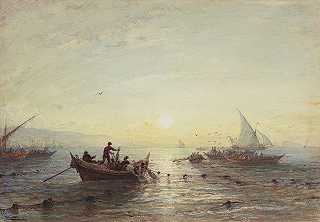 出时分在马赛附近海岸捕鱼的金枪鱼`Tuna Fishing at Sunrise off the Coast near Marseilles (1860s) by Félix Ziem 