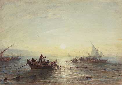 日出时分在马赛附近海岸捕鱼的金枪鱼`Tuna Fishing at Sunrise off the Coast near Marseilles (1860s) by Félix Ziem