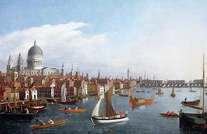 泰晤士河与圣保罗和旧伦敦桥的景观`View of the River Thames with St Paul\’s and Old London Bridge by William James