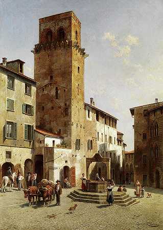 圣吉米尼亚诺广场`Place in San Gimignano by Jacques Francois Carabain