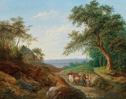 一对农民夫妇在广阔的多瑙河风景区推着一辆木车`A peasant couple with a timber cart in a vast Danube landscape (1841) by Matthias Rudolf Toma