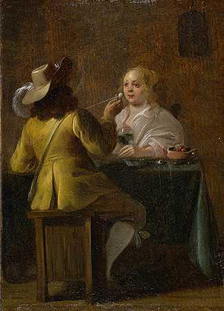 军官和女孩在喝酒`Officer and Girl Drinking Wine (1630~40) by Jan Olis