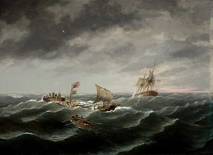 失纵帆船约翰·S·斯宾塞维吉尼亚州诺福克的2d景观：幸存者的营救`Loss of the Schooner ;John S. Spence of Norfolk, Virginia, 2d view~Rescue of the Survivors (1833) by Thomas Birch