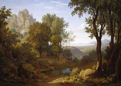 两位朝圣者的意大利风景`Italian landscape with two pilgrims by Johann Martin von Rohden