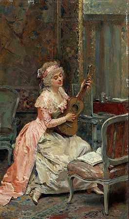 拿着吉他的女人`Woman With A Guitar (c. 1870) by Raimundo de Madrazo y Garreta