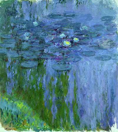 睡莲，柳树倒影，1916-1919`Water Lilies, Willow Reflection, 1916-1919 by Claude Monet