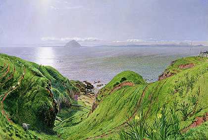 艾尔萨·克雷格和阿伦岛的景色`A View of Ailsa Craig and the Isle of Arran by William Bell Scott