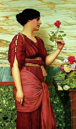 一朵红玫瑰`A Red Rose by John William Godward