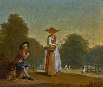一个卖水果的人和一个休息的人，远处的一个公园`A fruitseller and a man resting, a park beyond by Pieter Angillis