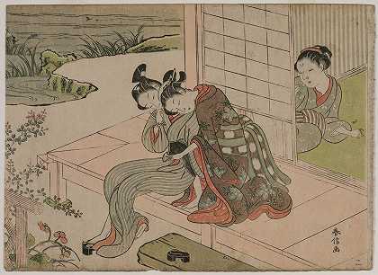 看着年轻夫妇在阳台上拥抱的女人`Woman Watching Young Couple Embrace on a Veranda (late 1760s) by Suzuki Harunobu