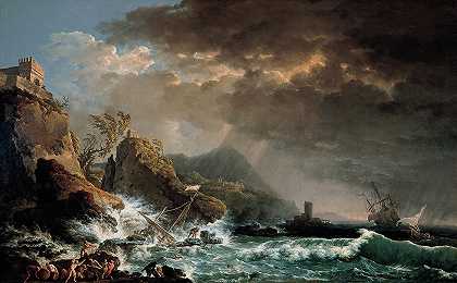 在一个多岩石的小湾里发生的海难`Shipwreck in a Rocky Inlet by Carlo Bonavia