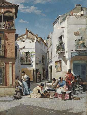 塞维利亚一角的罗斯奎拉卖家`Rosquilla Sellers in a Corner of Seville (1881) by Manuel Ussel de Guimbarda