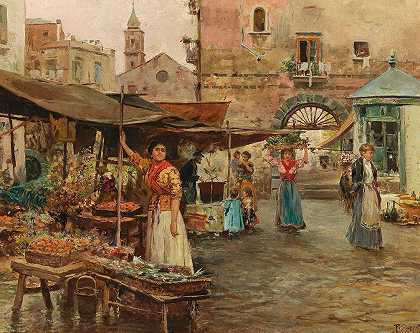 那不勒斯的市场景象`A Market Scene in Naples by Pietro Scoppetta