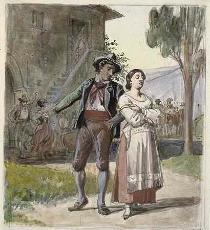 一对年轻夫妇在屋前跳舞，背景不一致`Ungt par, der er uenige, i baggrunden dansende foran et hus (1870 – 1879) by Wilhelm Marstrand