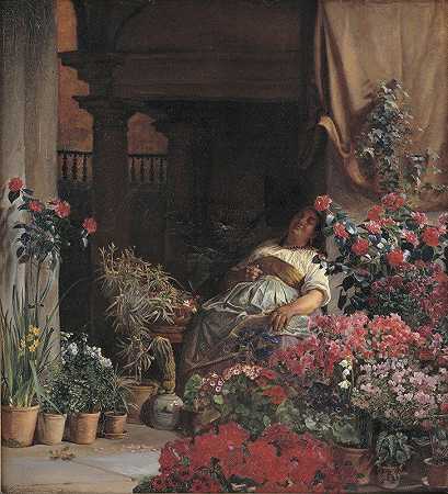 佛罗伦萨卖花的人`A Florentine Flower Seller (1879 ~ 1880) by Kristian Zahrtmann