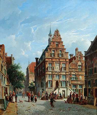 乌德沃特市政厅景观`A View Of The City Hall, Oudewater by Adrianus Eversen
