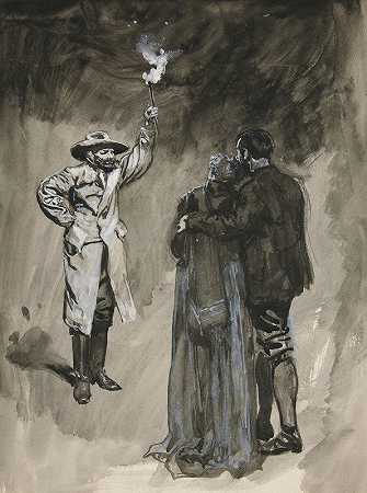 这对夫妇在街上对峙`Couple confronted in street by man holding torch by man holding torch by Edwin Austin Abbey