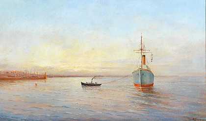 在敖德萨港的船`Ship in the Harbour at Odessa (1910) by Philip Philippovich Klimenko