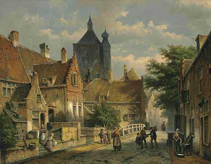 阳光普照的荷兰街道上的村民`Villagers On A Sunlit Dutch Street by Willem Koekkoek