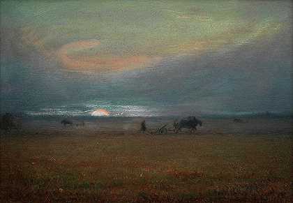 日落犁地`Ploughing at sunset by Jean-Francois Millet