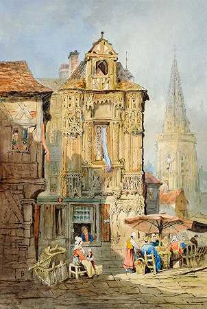 布鲁日市场`Marketplace at Bruges by Samuel Prout