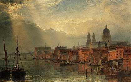 从泰晤士河眺望圣保罗教堂`A view of the river Thames looking towards St. Paul\’s by Henry Dawson