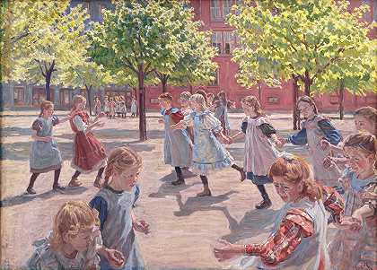 在广场上玩耍的孩子们`Playing Children, Enghave Square (1907 – 1908) by Peter Hansen