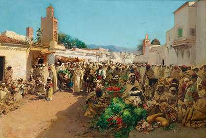 阿尔及利亚特莱姆肯的一个市场场景`A Market Scene in Tlemcen, Algeria (c. 1883) by Gustavo Simoni