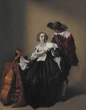 一个坐着的女人拿着一封信，一个站着的绅士`A Seated Woman with a Letter, a Gentleman Standing by Her (1632 – 1732) by Her by Willem Cornelisz Duyster