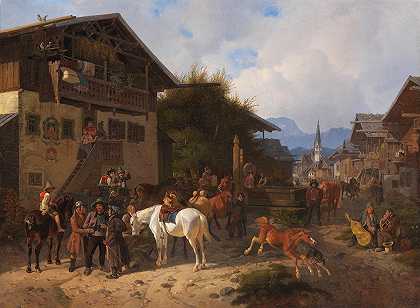 帕滕基琴的马市场`Pferdemarkt in Partenkirchen (1837) by August Franz Schelver