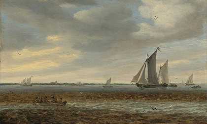 沿海水域的帆船和划艇`Sailboats And A Rowboat In Coastal Waters (1661) by Jacob Salomonsz. van Ruysdael