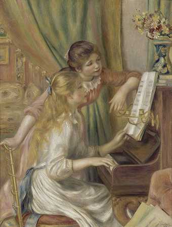 弹钢琴的年轻女孩`Young Girls at the Piano (1892) by Pierre-Auguste Renoir