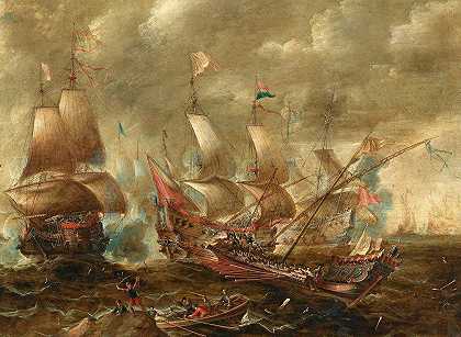 海战`A naval battle by Gaspar van Eyck