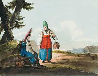 谈话中的两个农妇`Two Peasant Women In Conversation by Karl Ivanovich Kollman