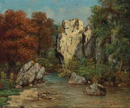 溪流和岩石景观`Paysage Au Ruisseau Et Au Rocher by Gustave Courbet