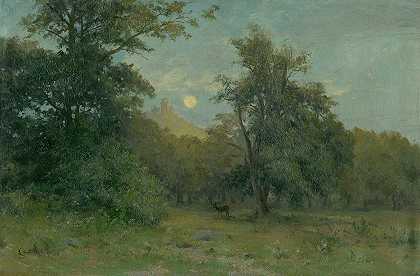 月光下的风景与赫拉德·斯莱纳克`Moonlit Landscape With Hrad Slanec (1896) by Ľudovít Čordák