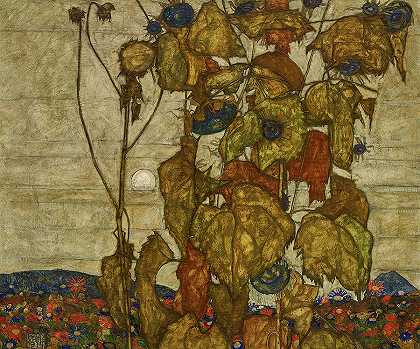 《秋日-向日葵》，1914年`Autumn Sun – Sunflowers, 1914 by Egon Schiele