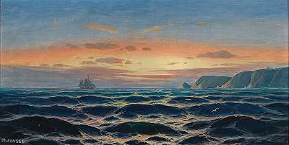 在黄昏的灯光下航行的船`Sailing Ship By The Coast In The Evening Light by Max Jensen