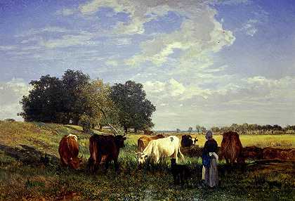 1857年在图兰放牧的牛`Cattle Grazing in Touraine, 1857 by Constant Troyon